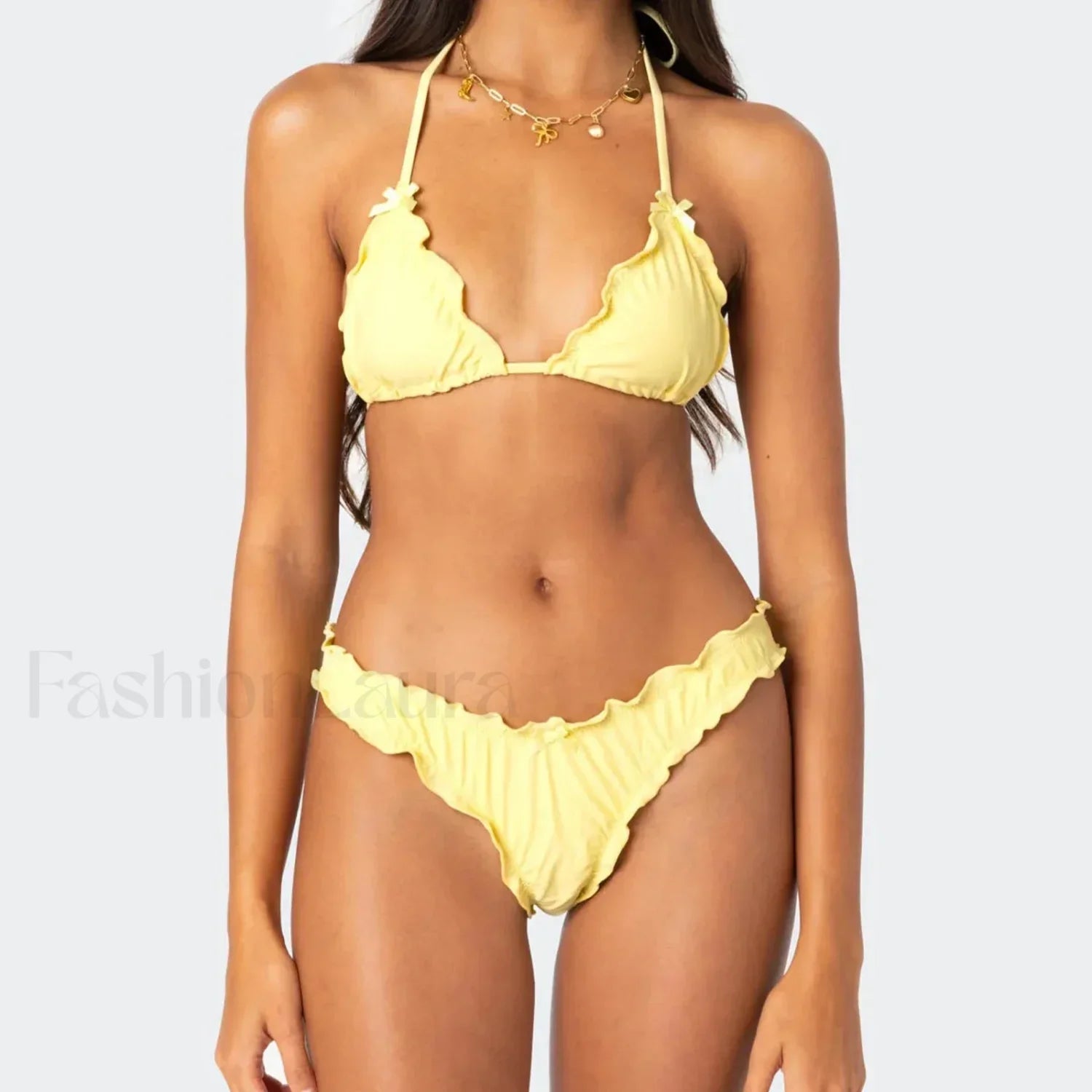 Solid Color Lettuce Trim Bikini Set Yellow / S