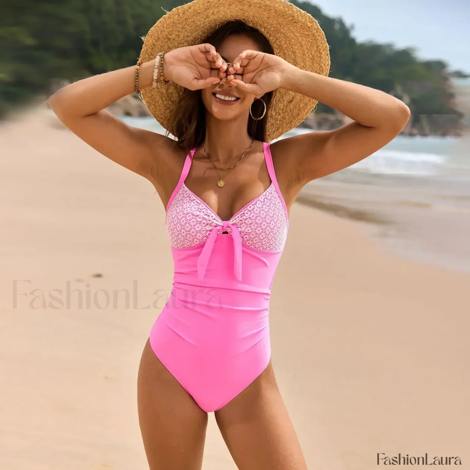 Solid Color Monokini One Piece Pink / S