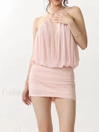 Spliced Lace Halter Dress Two Piece Set PINK / S