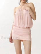 Spliced Lace Halter Dress Two Piece Set PINK / S