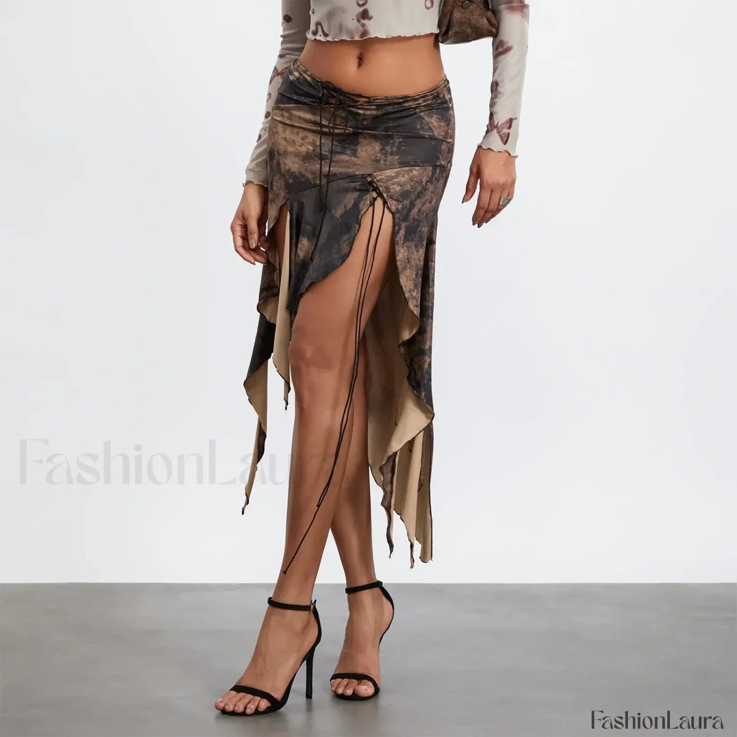 Split Tie Up Midi Ruffle Skirt