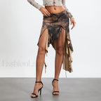 Split Tie Up Midi Ruffle Skirt