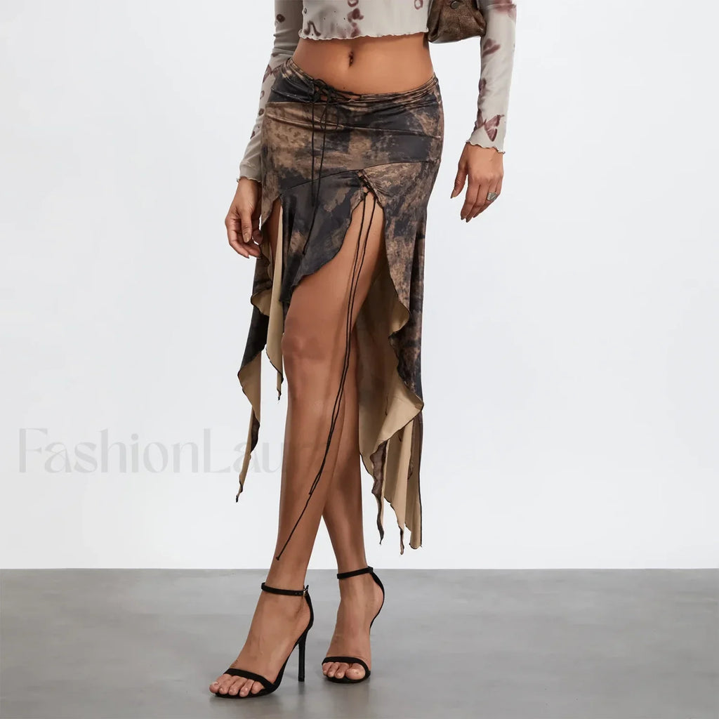 Split Tie Up Midi Ruffle Skirt