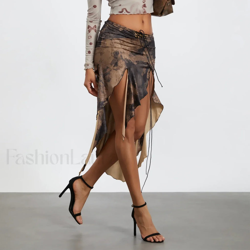 Split Tie Up Midi Ruffle Skirt MULTI / S