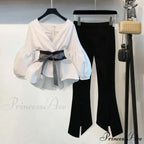 Spring Women's Bow Pants Lantern Flare Black + Striped Split Warm-Season Blouse Arm Arm Set