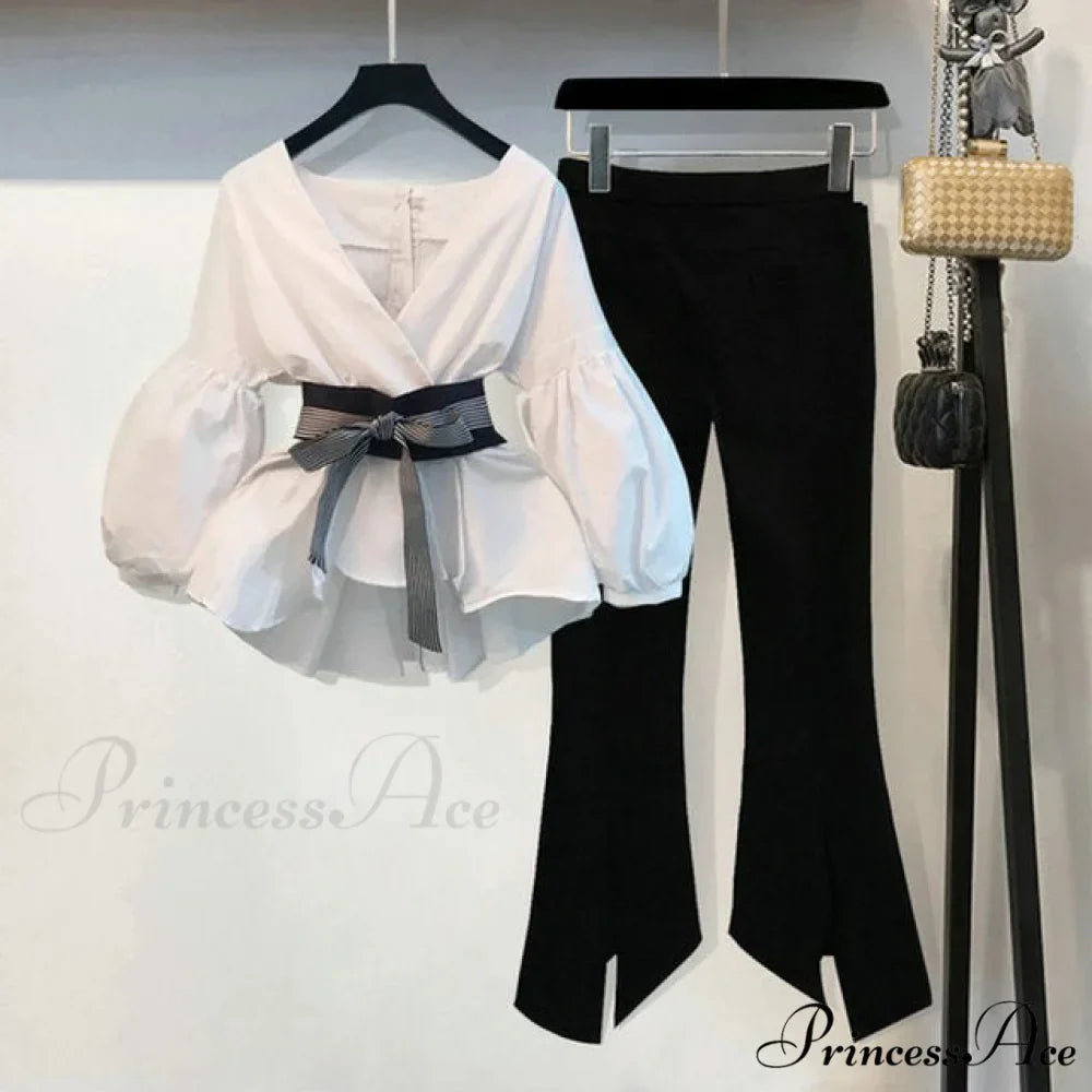 Spring Women's Bow Pants Lantern Flare Black + Striped Split Warm-Season Blouse Arm Arm Set