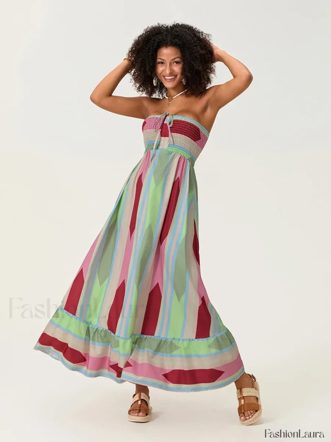 Striped Tube Top Boho Dress green / S