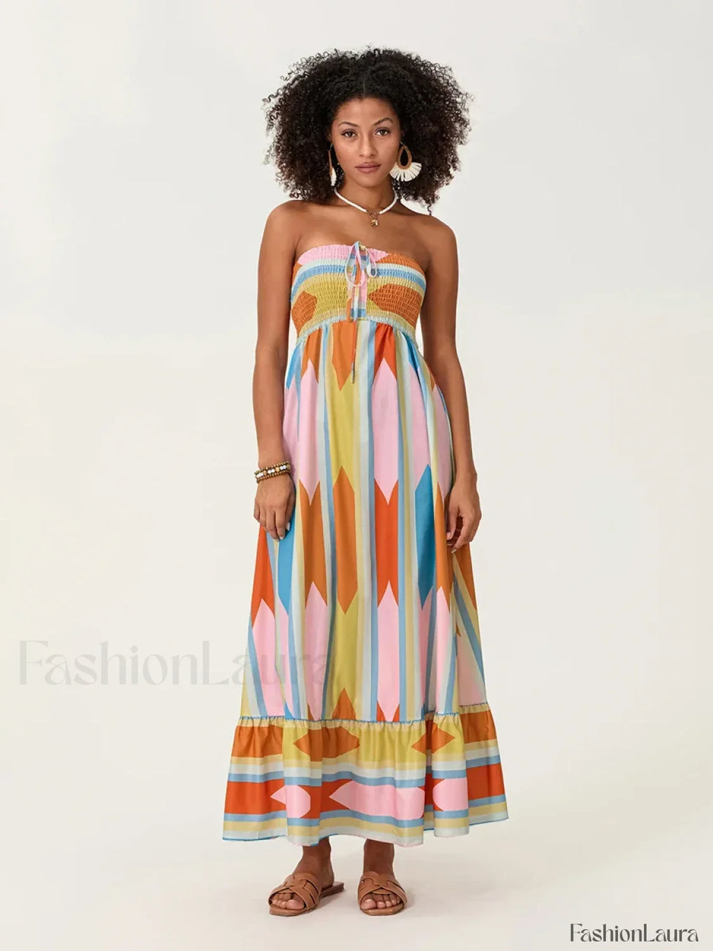 Striped Tube Top Boho Dress pink / S