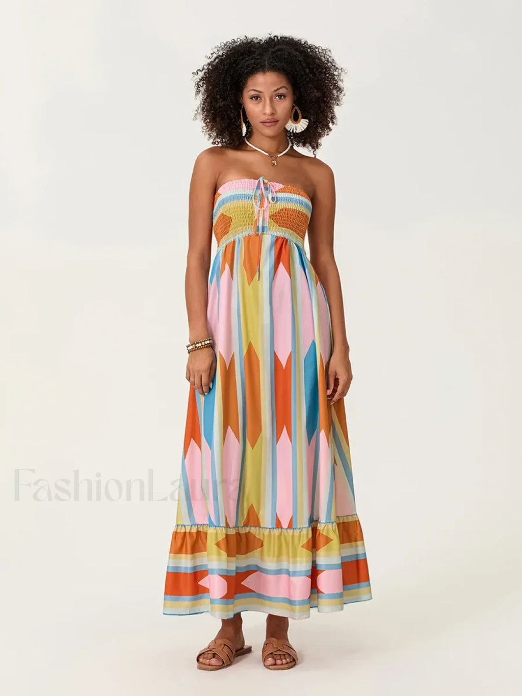 Striped Tube Top Boho Dress pink / S