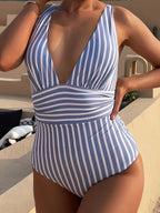 Striped V Neck One Piece blue / S