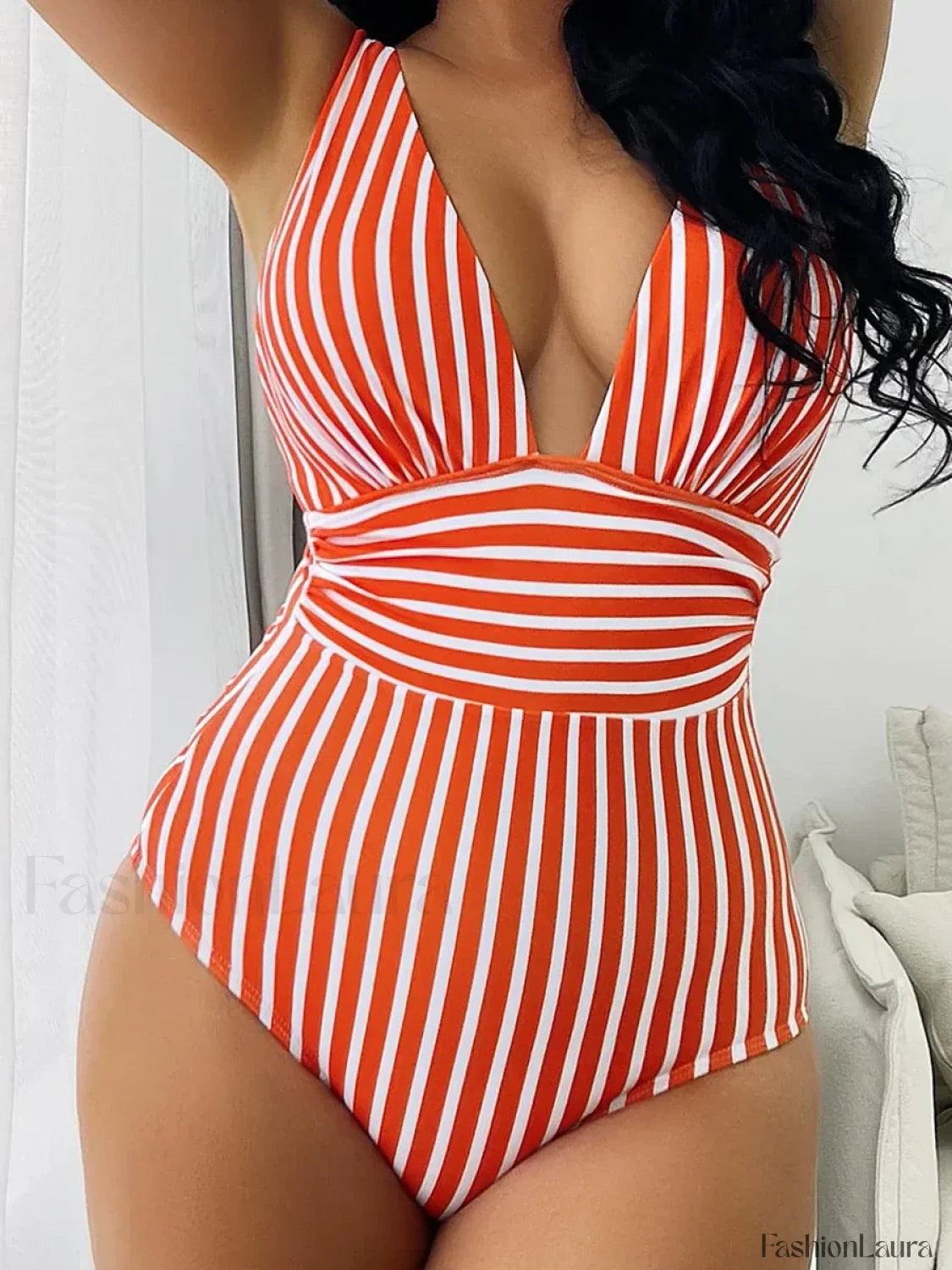 Striped V Neck One Piece red / S