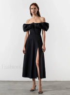 Tallulah White Puff Charming Sleeve Midi Dress XS / Black