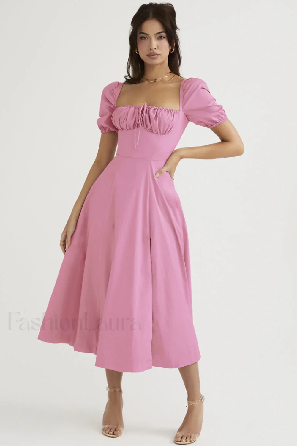Tallulah White Puff Charming Sleeve Midi Dress XS / Pink
