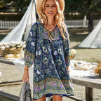 Tie Up Floral Mini Boho Dress Navy blue / S