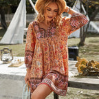 Tie Up Floral Mini Boho Dress Orange / S
