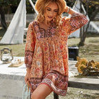 Tie Up Floral Mini Boho Dress Orange / S