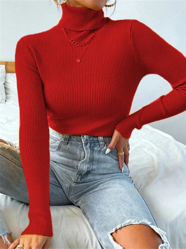 Turtleneck Ribbed Knit Sweater Red / S Sweaters