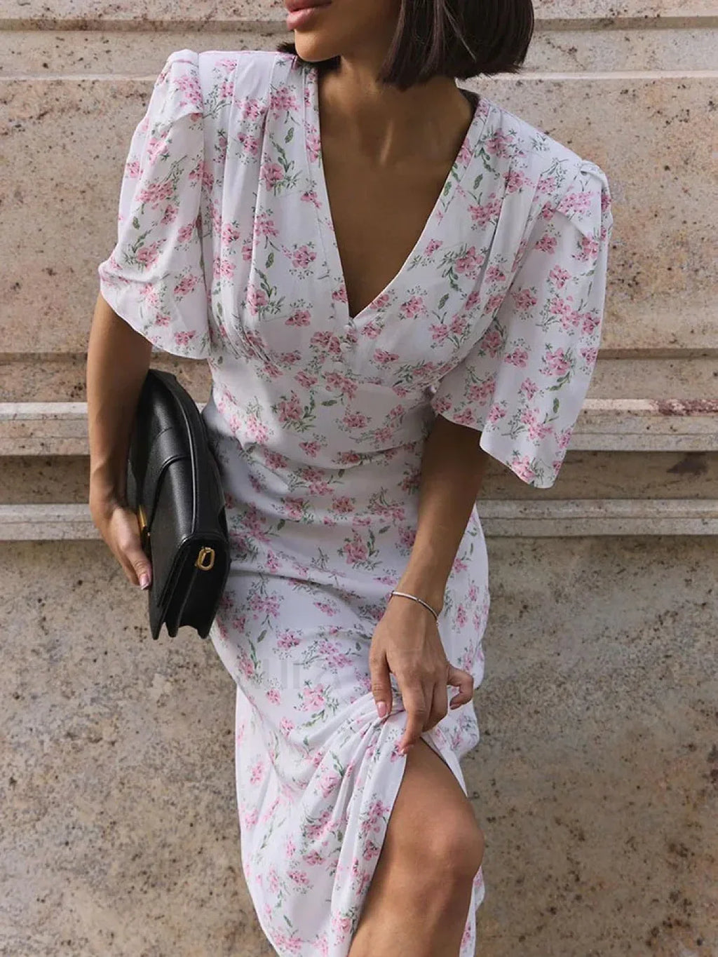 V Neck Contrast Floral Dress WHITE / S