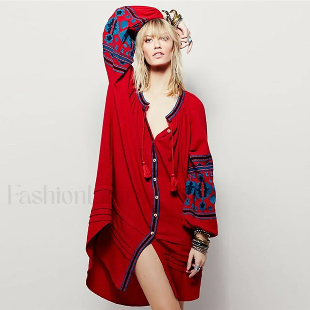 White Puff Sleeve Boho Dress Red / S