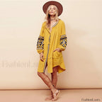 White Puff Sleeve Boho Dress Yellow / S
