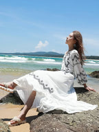 White Retro V Neck Boho Dress