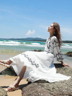 White Retro V Neck Boho Dress