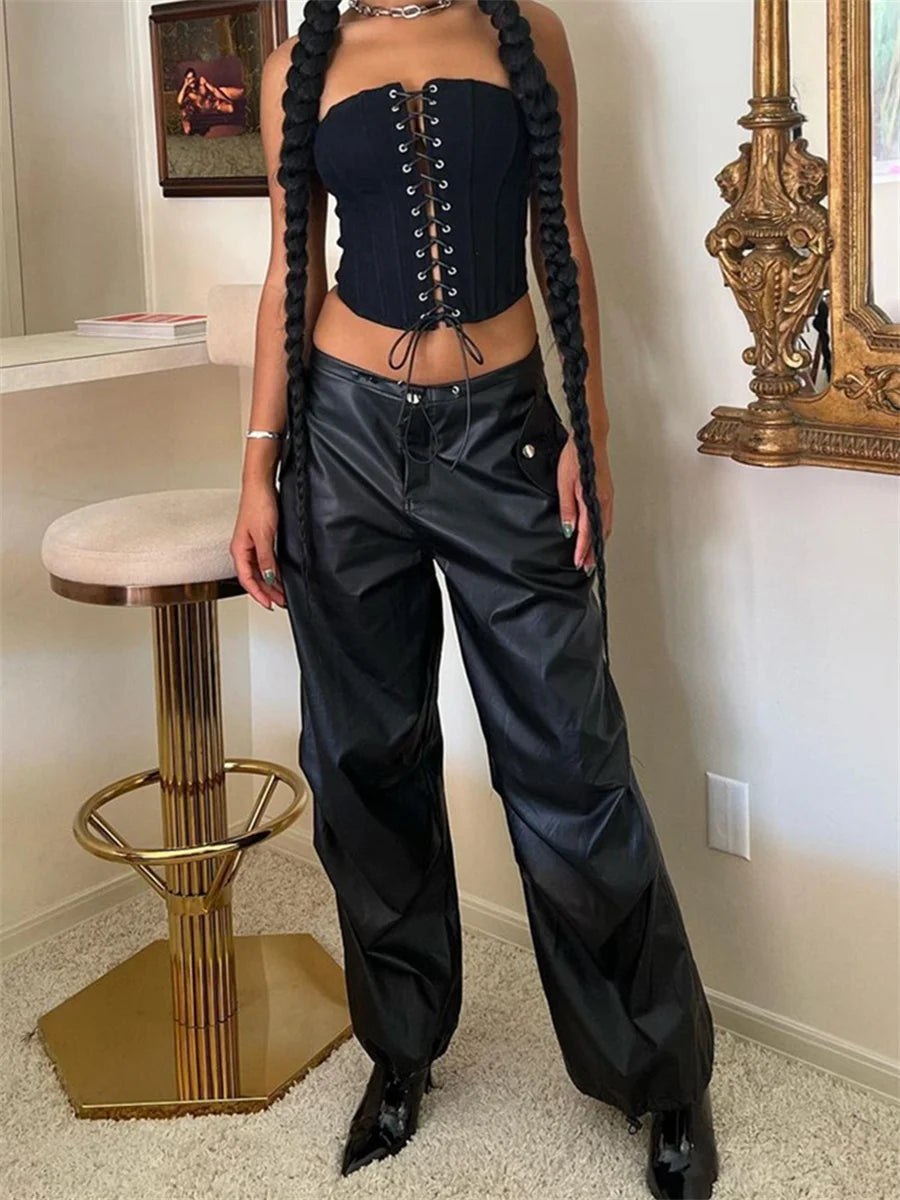 Black PU Leather Cargo Baggy Low Waist Drawstring Button Long Streetwear Pants Main image
