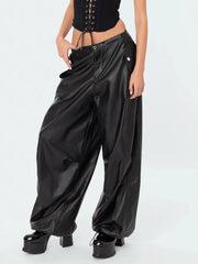 Black PU Leather Cargo Baggy Low Waist Drawstring Button Long Streetwear Pants