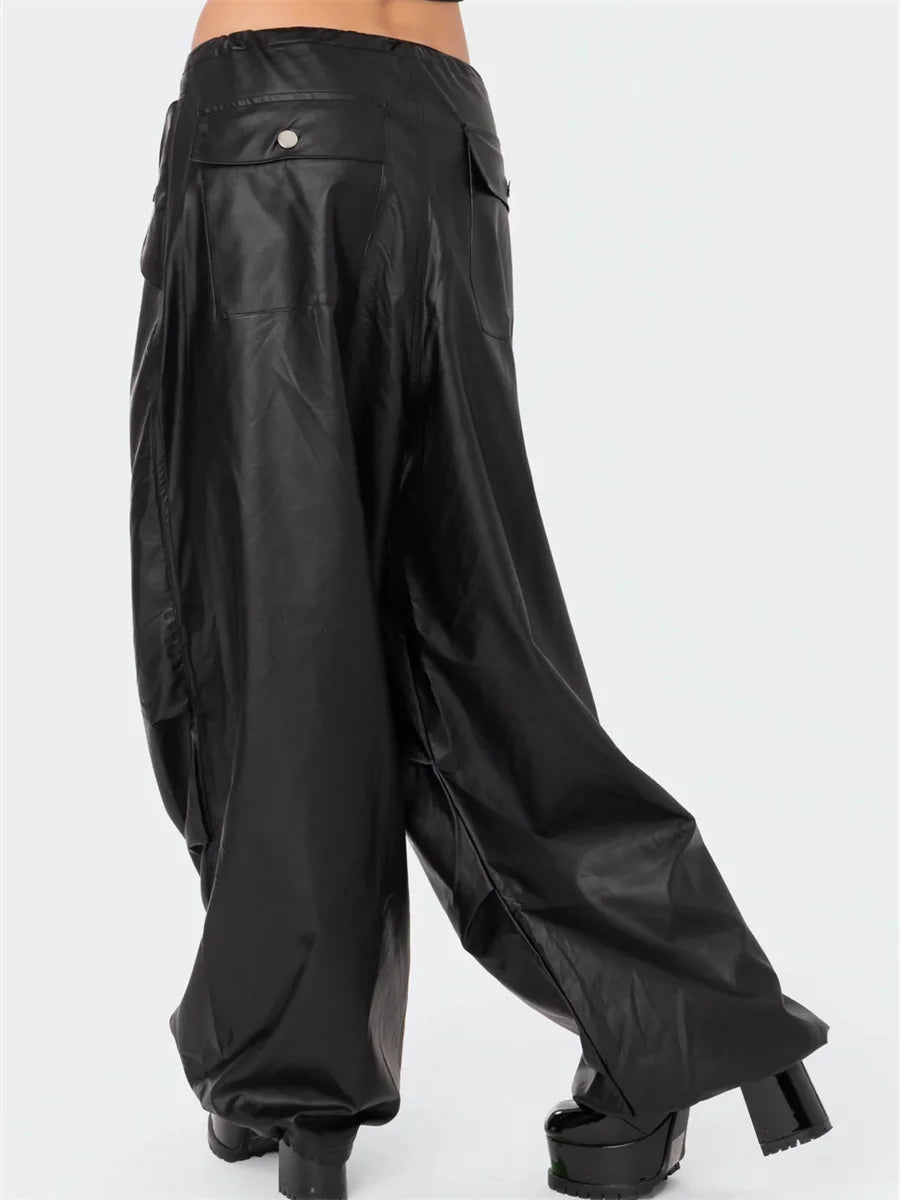 Black PU Leather Cargo Baggy Low Waist Drawstring Button Long Streetwear Pants