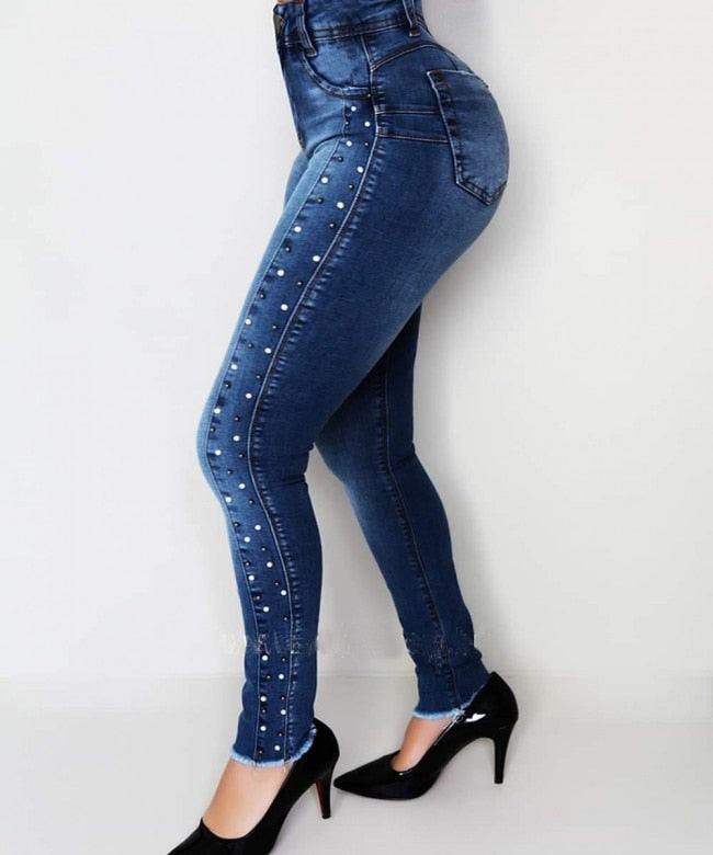 Dark Blue High Waist Beaded Street Fashion Casual Push Up Hip Jeans