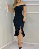 Elegant Sexy Glitter Off-Shoulder Ruffles Slit Midi Dress Sexy Party Solid Dress