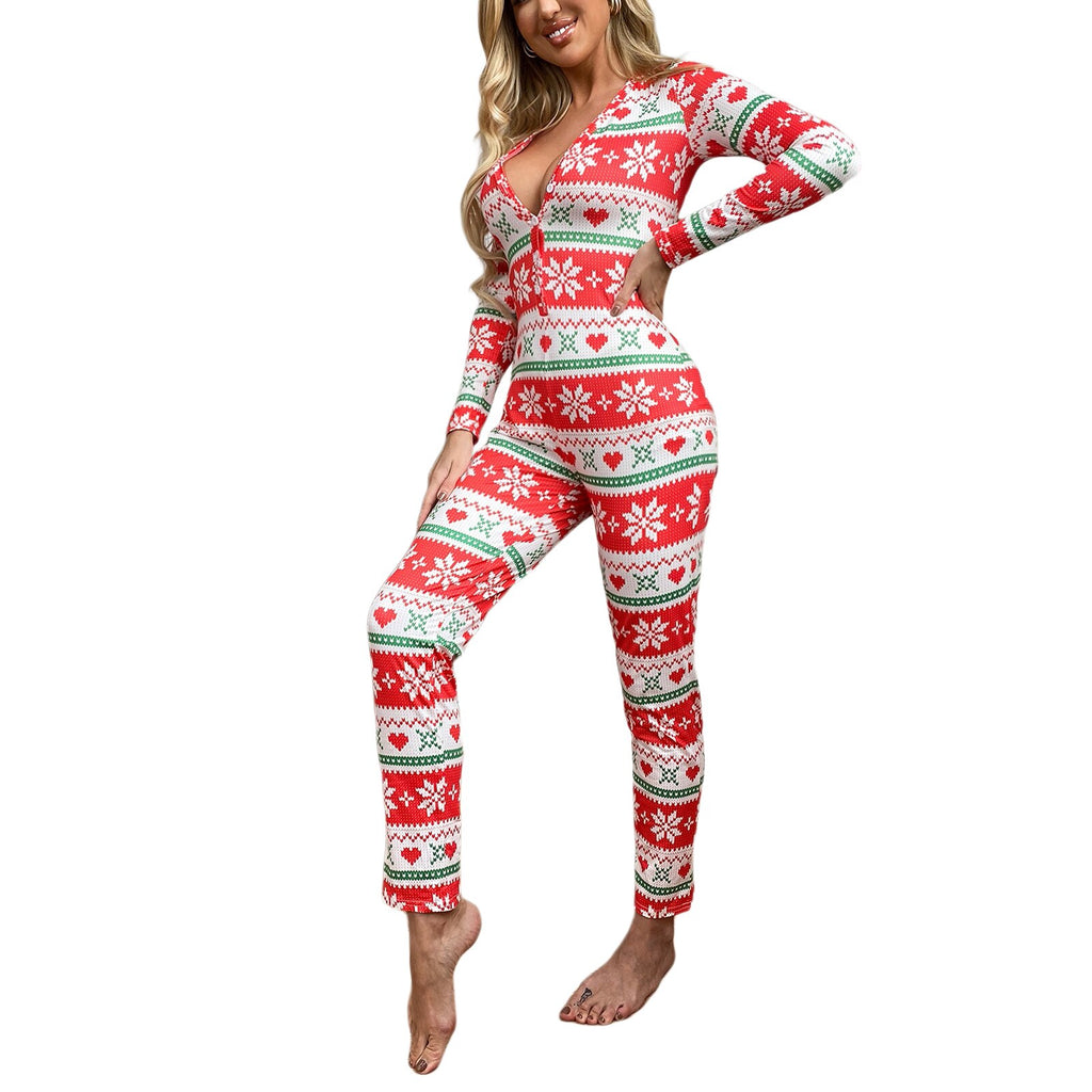 Pajamas Jumpsuit Buttons V Neck Long Sleeve Christmas Cartoon Printed Sleepwear