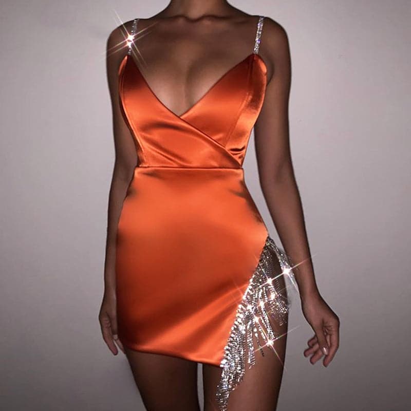 2022 Satin Dress Women Sexy Glitter Diamond Club Party Mini Dresses