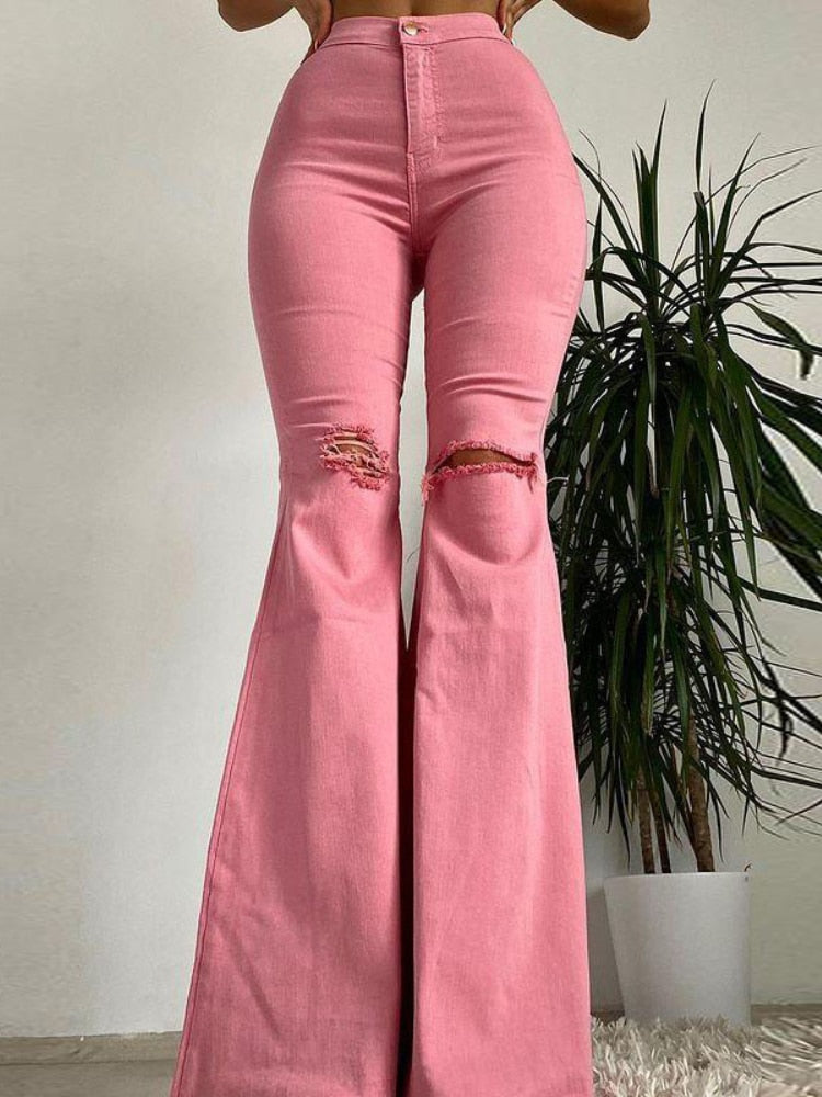 Butt-lifting Ripped Raw Edge Flared Pants Colorful High-stretch Women's Denim Trousers