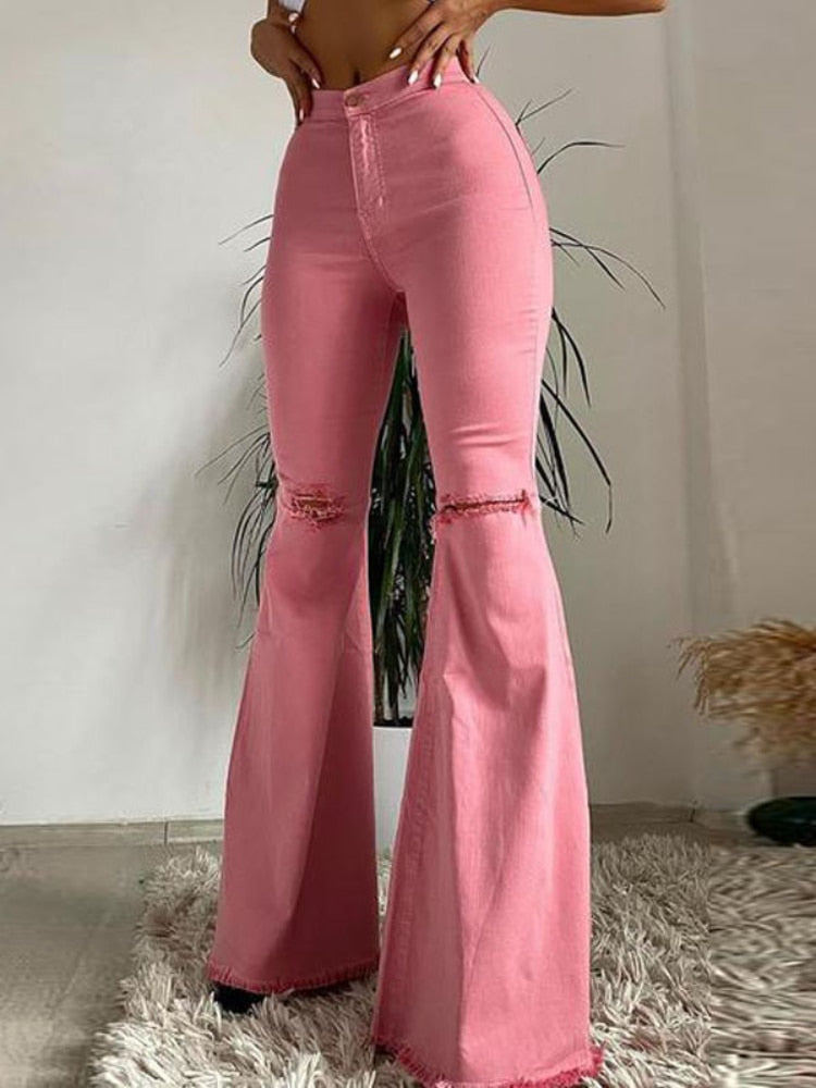Butt-lifting Ripped Raw Edge Flared Pants Colorful High-stretch Women's Denim Trousers