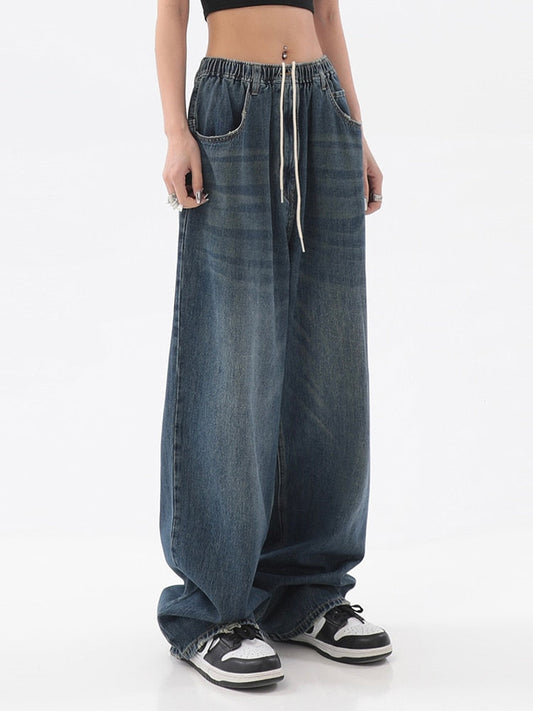 Vintage Baggy Jeans Elastic Waist Oversized Long Trouser Denim Wide Leg Streetwear