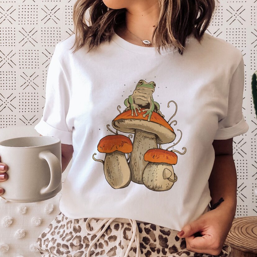 Ladies Mushroon Frog Tshirt Fashion Cartoon Animal Lady Print Tee