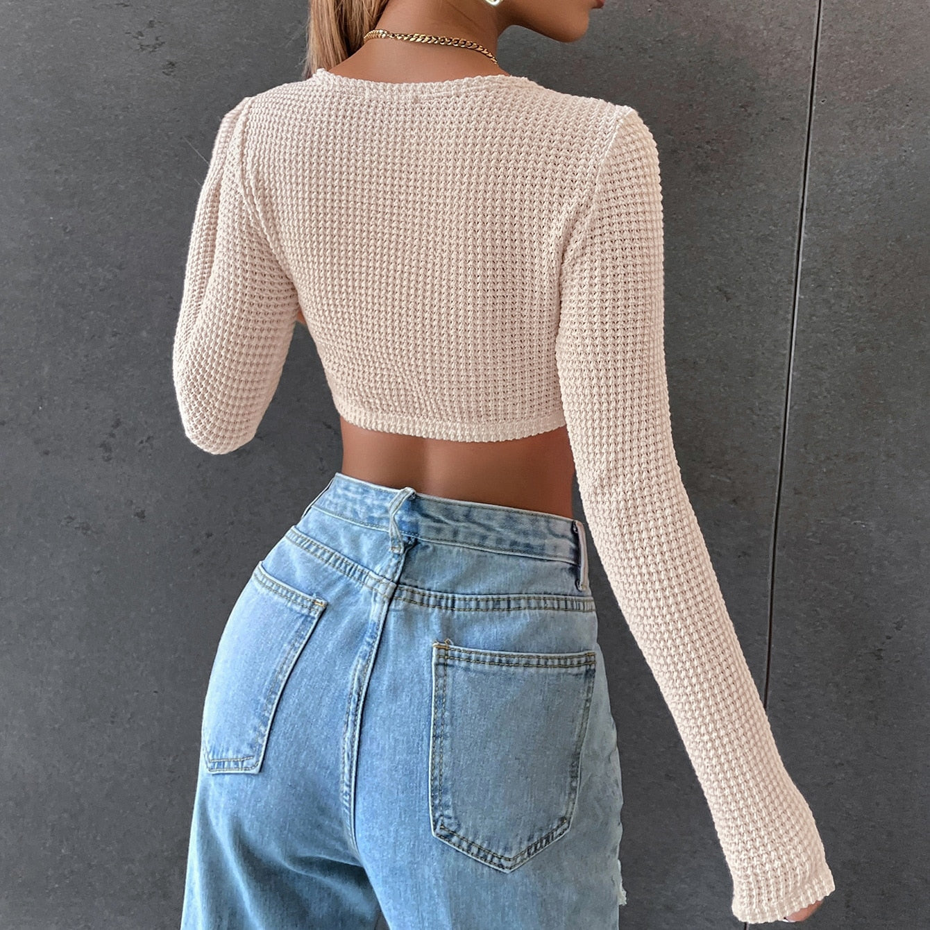 Long Sleeve Square Neck Knitted Crop Top Women Y2k Sexy T Shirts