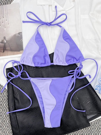 Sexy Lace-up Patchwork Bikini Set