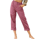 Linen Buttons Cropped Pants High Elastic Waist Stretch Capris Casual Work Crop Pants