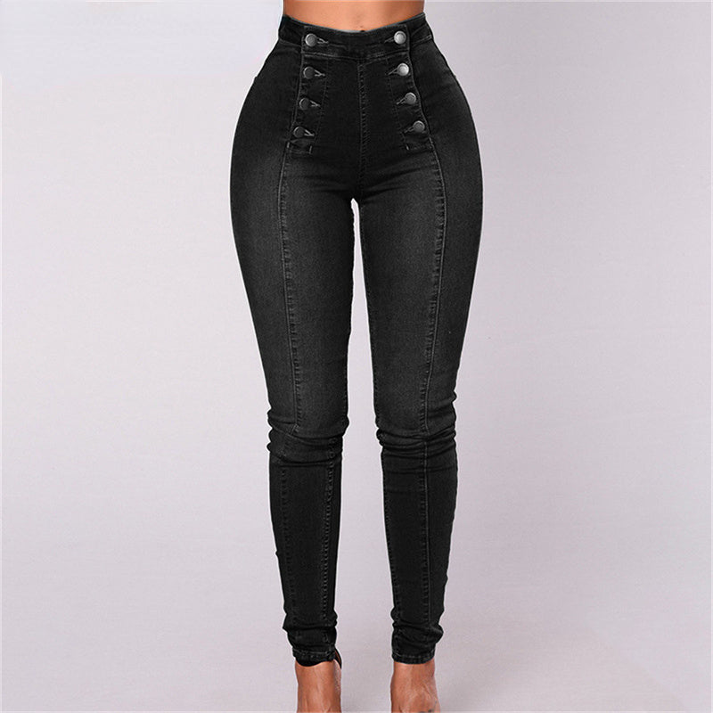 Vintage Skinny Double-Breasted High Waist Pencil Jeans Slim Fit Stretch Denim Pants Full Length Denim Tight