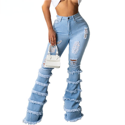 High Waist Stretch Denim Washed Destroyed Holes Ripped Tassel Skinny Flare Jeans