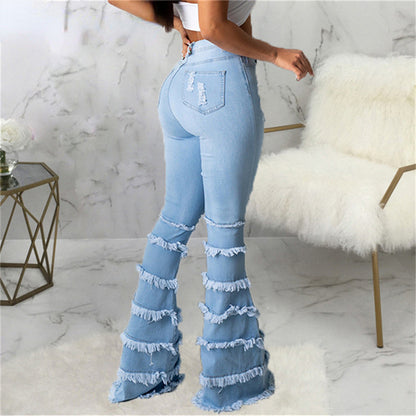 High Waist Stretch Denim Washed Destroyed Holes Ripped Tassel Skinny Flare Jeans