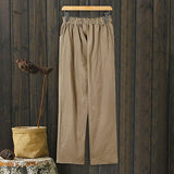 Linen Buttons Cropped Pants High Elastic Waist Stretch Capris Casual Work Crop Pants