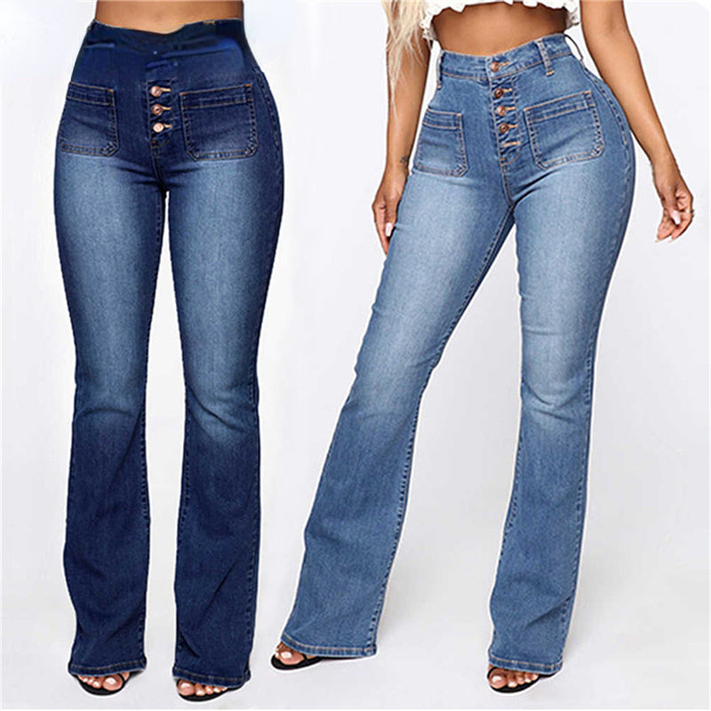 High Waist Elastic Jeans Women Button Washed Denim Pants Femme Pocke