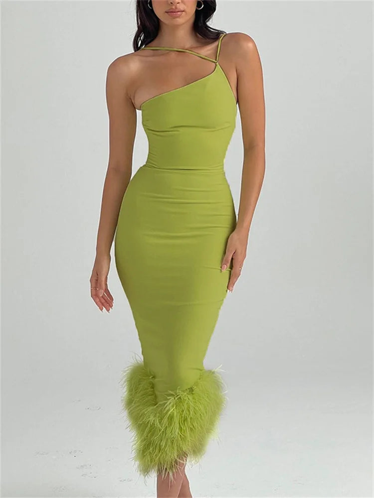 Elegant Feather Hem Sleeveless Party Club Asymmetrical Strap Midi Dress Main image