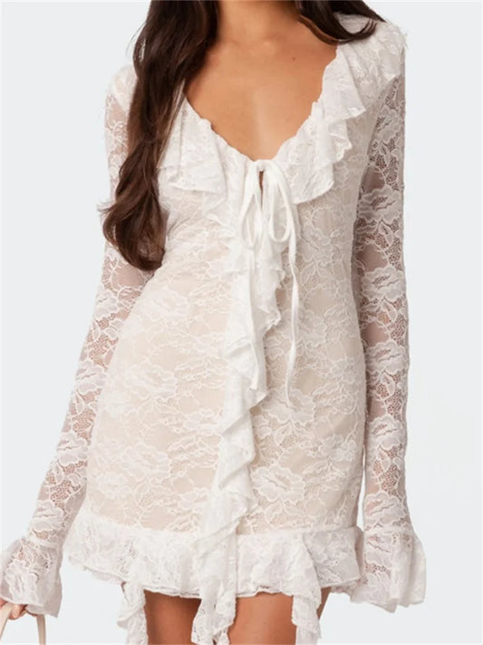 Elegant Lace Mesh Long Sleeve Mini Dresses