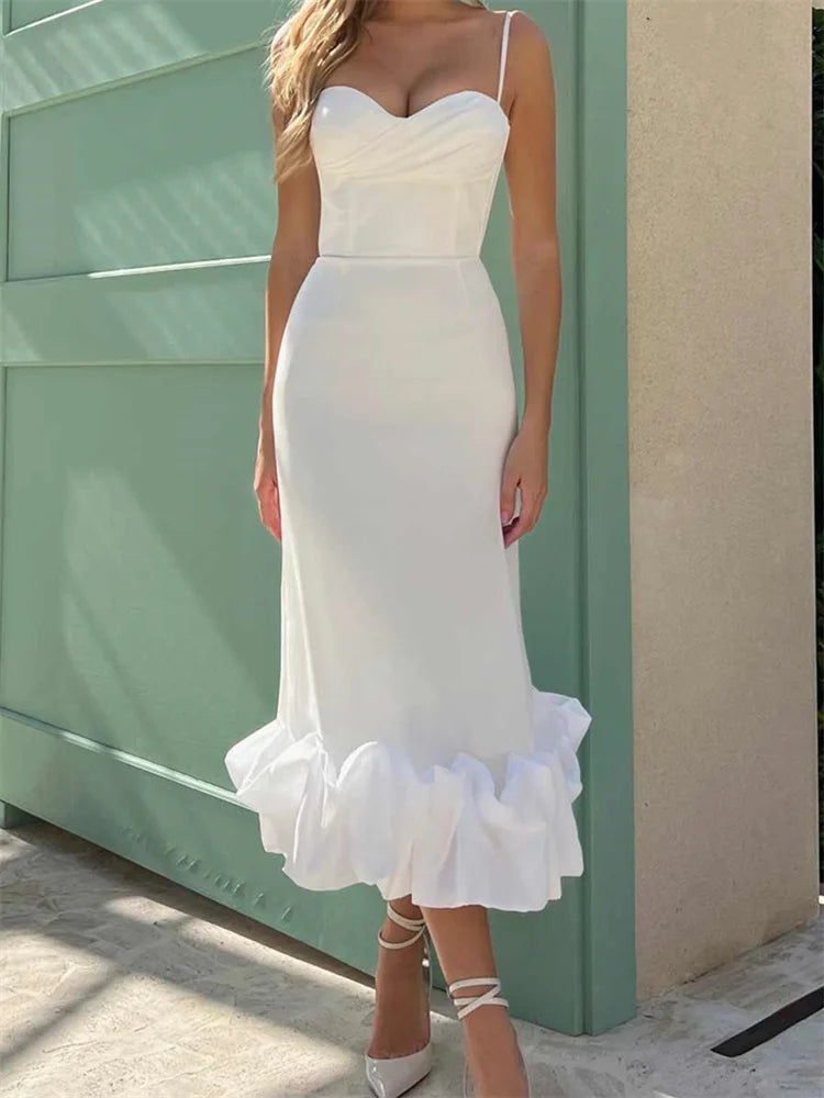 Elegant Cocktail Sleeveless Low Cut V-Neck Slim Ruched Ruffles Midi Dress Main image