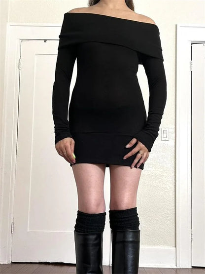 Elegant Slash Neck Black Party Mini Dresses