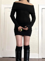 Elegant Slash Neck Black Party Mini Dresses